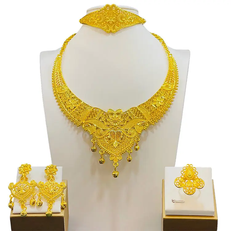 Luxury 24K gold plated dubai jewelry sets bridal necklace earrings bracelet ring brazilian african wedding jewelry set women