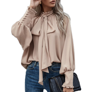 Elegante Blusa Holgada de Punto para Mujer, Manga Larga, Cuello con Botones, Puños Fruncidos, Tejido Transpirable, Estilo Casual de Primavera - Product Image 1