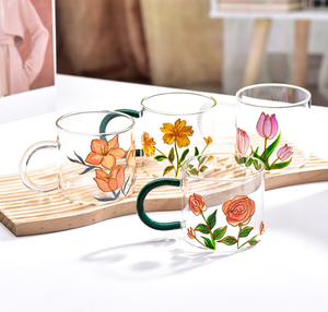 Taza de Vidrio para <span class=keywords><strong>Leche</strong></span> y Café con Diseño de Tulipanes Pintados a Mano, de Alta Calidad, Moderna, de Lujo Ligero, con Logotipo Personalizable, para Hogar, Restaurante y Hotel - Product Image 6