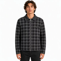 Veste zippée chauffante anti-bactérienne coupe-vent pour homme, motif pied-de-poule noir et gris, en nylon/coton, col entièrement zippé