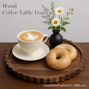 Plateau rond en bois avec figurine d'ange, bougie parfumée et vase pour la décoration de bureau à domicile, cadeau de baptême, assiette décorative en bois massif - Product Image 4