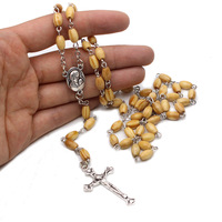 Collier de chapelet catholique en bois de la Vierge Marie, chapelet en bois d'olivier avec icône, portrait, crucifix, pendentif en forme de croix