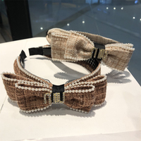 Serre-tête large en tweed avec nœud en fausses perles, accessoire de mode pour femme, de marque de créateur