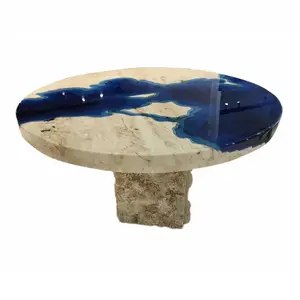 El yapımı lüks doğal bej pamuk taşı Merges okyanus mavi reçine küçük yuvarlak şekil sehpa Modern tasarım