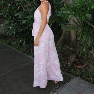 Mono largo informal de playa con estampado, cuello halter, cintura ajustada, holgado, personalizado, de lino y algodón. - Product Image 2