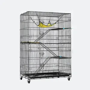 Collapsible Metal Cat Kitten Ferret Cage All Direction Rotating Casters Enclosure Animal Cage with Ramp Ladders Hammock and Bed