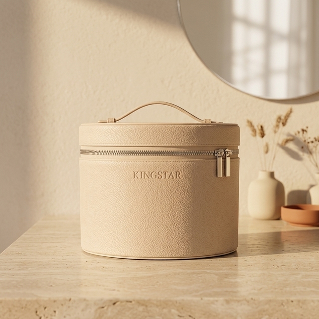GRS BSCI Factory Wholesale Custom Logo Waterproof Beige Pebbled Vegan Leather Vanity Case with Zipper for Women Travel Use