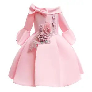 2019 lunga manica a Campana del ricamo fiore rosa principessa smocked bambini congelati tacchino ragazze si vestono per i bambini