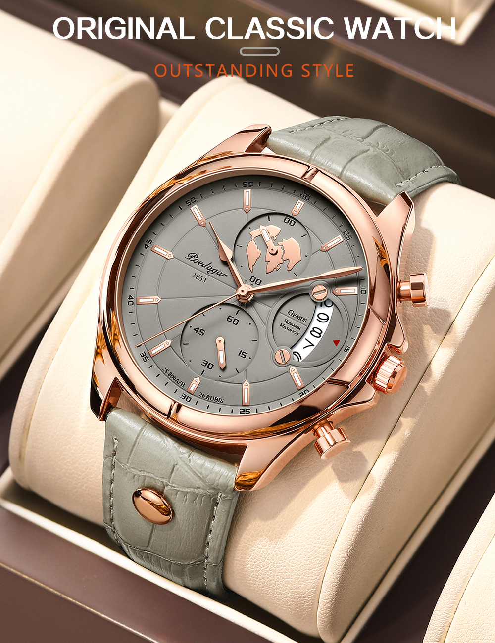 POEDAGAR 9898 Original Brand Genuine Leather Quartz Watches Luminous Hand  Rose Gold Case Auto Date Calendar Clock Men Wristwatch
