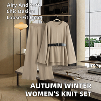Ensemble deux pièces élégant pour femme, mode automne-hiver, haut en tricot ample respirant uni avec ceinture, pantalon à jambes larges taille haute