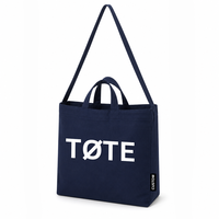 Tas Tote Kanvas Wanita Biru Tua Gaya Inggris dengan Kancing Pengunci, Tali Bahu Panjang, Pegangan Ganda, Logo Custom