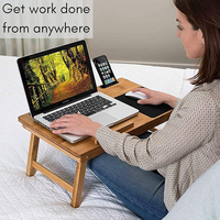 Table d'appoint moderne pliable en bambou avec surface en PU, support portable pour ordinateur portable et support de bureau réglable avec tiroir pour lit