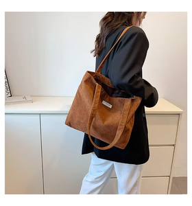 Vintage Japan Style Fashion <b>Corduroy</b> Tote <b>Bag</b> Characters Pattern Two Large Capacity Open Top for Women Travel Shopping Use - Product Image 3