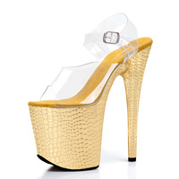 Chaussures de pole dance dorées 20 cm (8 pouces) à plateforme, motif crocodile, bout ouvert, talons aiguilles fins, chaussures sexy et tendance pour soirées et clubs