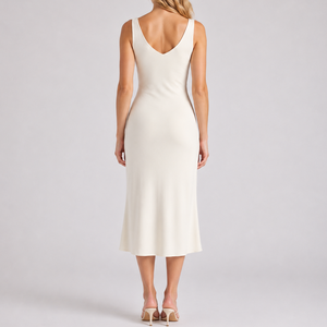 Robe midi blanche personnalisée pour <span class=keywords><strong>femme</strong></span>, col en V, sans manches, coupe ajustée, en tricot, OEM ODM - Product Image 2
