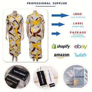 Abiti Estivi Alla Moda per Donne Taglie Forti, Elegante <span class=keywords><strong>Vestito</strong></span> Lungo Casual con Colletto Alto, Maniche Corte e Spacco, Abito Camicia Stampato - Product Image 2