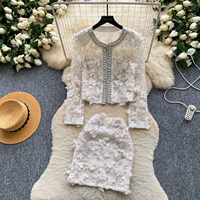 Ensemble veste courte à manches longues et mini-jupe pour femme, élégant, orné de perles et de sequins, à fleurs 3D, pour les occasions spéciales