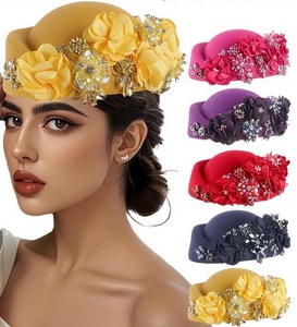 Chapeau en feutre de style français pour femmes, béret orné de strass, élégant, pour mariage, fête du thé - Product Image 1