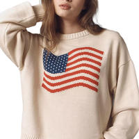 Pull en tricot personnalisé pour femme, mélange de laine, col rond, motif intarsia drapeau américain, styles patriotiques pour les fêtes et le Memorial Day, vente en gros