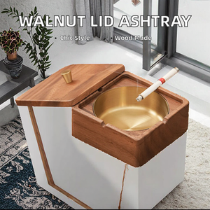 Cendrier moderne en bois de noyer, anti-poussière, anti-fumée, design créatif avec couvercle carré, portable, en acier inoxydable, pour usage domestique - Product Image 2