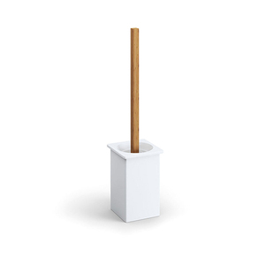 Soporte para escobilla de baño de bambú 103x107x440mm, cerámica blanca con mango de madera para uso en el baño - Product Image 1