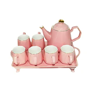 Ourwarm — service à thé en porcelaine rose, ensemble de 8 pièces avec six tasses, théière et tasses en céramique dorée
