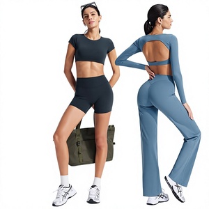 Camiseta de yoga para mujer con aberturas, <span class=keywords><strong>manga</strong></span> <span class=keywords><strong>larga</strong></span> y corta, con sujetador incorporado, espalda descubierta, ajuste ceñido, secado rápido, compresión, para gimnasio y fitness - Product Image 2