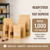 Sacs à fond plat en kraft avec fenêtre transparente et fermeture éclair refermable pour noix, thé, en-cas - En stock