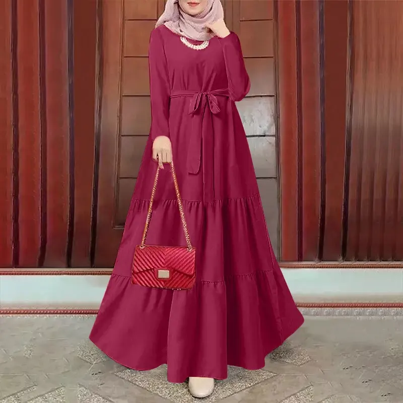 Abito Abaya Muslimah Jubah abito lungo caftano donna musulmano Baju Kurung Vintage manica lunga cintura Casual Maxi abito