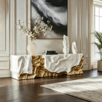 Buffet moderne de luxe en fibre de verre blanc doré, surface texturée 3D, multi-compartiments pour salle à manger et salon de villa