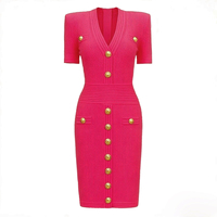 Robe moulante en maille côtelée rouge pour femme, col en V, manches courtes, boutons dorés sur le devant, mini-robe pull ajustée, vente en gros