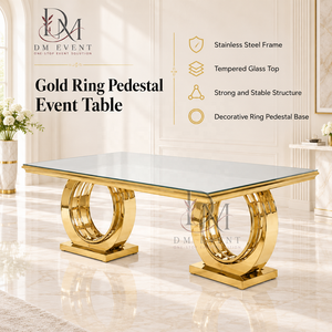 Mesa Rectangular Premium de Acero Inoxidable Dorado con Espejo y Base de Doble Anillo para Eventos, Bodas y Banquetes - Product Image 2