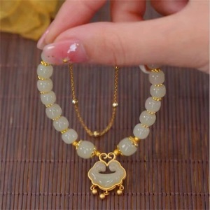 Chinese Style Auspicious Cloud Peace Lock Hetian Jade Bracelet For Women Everyday Wear Geometric Design Jewelry - Product Image 3