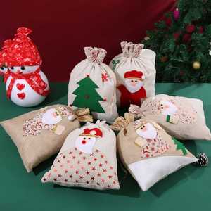 Nouveau sac cadeau de Noël transfrontalier avec patchs, grand sac cadeau Père Noël en coton et lin avec cordon de serrage 30*40 - Product Image 4