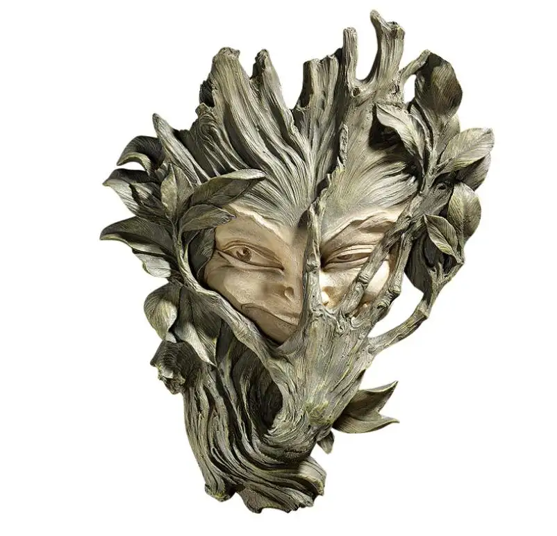 Gartens tatue Bashful Wood Sprite Tree Face Mystische Dekor Wand skulptur, 33 cm, Poly resin, zweifarbiger Stein