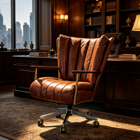 Chaise de bureau vintage à dossier haut en cuir véritable, pivotante, style exécutif, rétro, marron, avec accoudoirs en bois pour la maison, le bureau ou la salle d'étude.