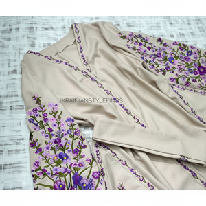 Vestido de lino ucraniano hecho a mano con flores bordadas de lavanda, traje corto de verano, ropa eslava Vyshyvanka, regalo para mujer - Product Image 1