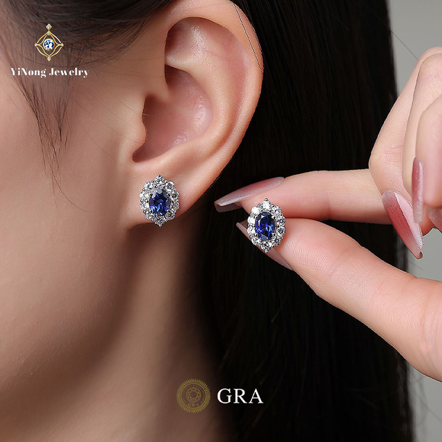 GRA Lab-grown Diamonds Women's Everyday Cultivated Royal Sapphire Earrings S925 Silver Stud Earrings Jewelry Set