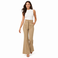 Pantalon évasé taille haute pour femme, style paper-bag, avec ceinture à anneaux en D, poches fendues, mélange coton-lin, 6 couleurs, personnalisable OEM