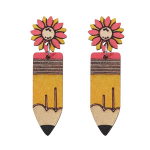 Boucles d'oreilles en bois cadeau de fête des enseignants tournesol crayon pendentif boucles d'oreilles pour femmes Uionen 1145 - Product Image 5