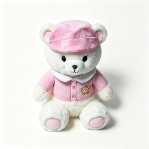 Customized Embroidered bear design on pink top,Soft fuzzy teddy bear with pink accents,Sitting pose dressed teddy bear plush - Product Image 5
