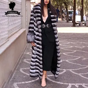 Winter All Natural Rex Rabbit Fur 130cm Long Outwear Cuff Silver Fox Fur Collar Design Thick Warm Coat Fashion Lapel Overdress