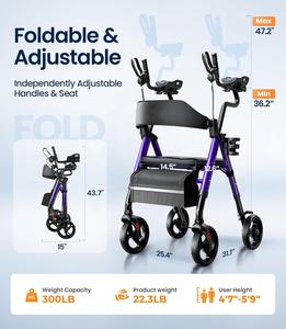 Déambulateur à quatre roues d'aide à la mobilité pour personnes âgées avec siège rembourré réglable cadre en aluminium pliable léger soutien de marche - Product Image 2