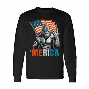 Bigfoot Merica Rock T-shirt à manches longues avec drapeau américain, design patriotique du 4 juillet, col rond unisexe, impression numérique - Product Image 3