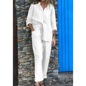 Хлопково-льняной комплект из рубашки с длинным рукавом и брюк с высокой талией, свободного кроя, однотонный, для женщин, повседневный, из <span class=keywords><strong>2</strong></span> предметов - Product Image 1