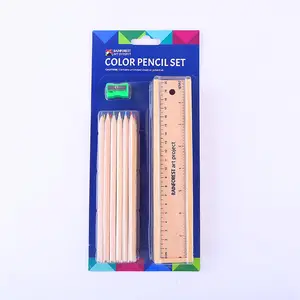 sets with wooden pencil case and ruler Blister package natural wood kids color pencils