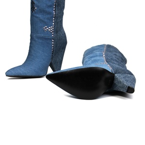 Metal Rivets High-Heeled Pointed Toe Women Blue Shoes Over Knee <b>Boots</b> Denim Patchwork Spike Heels Long Booties - Product Image 4