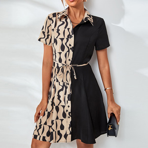 Robe d'été style européen et américain, color-block, à manches courtes, sans col, coupe ajustée, avec ceinture à nouer, type cardigan - Product Image 6