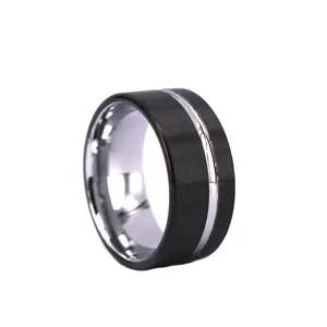 10MM Black Tungsten Wedding Band Black Tungsten Ring with Pipe Cut Edge and Brushed Finish Silver Offset Groove