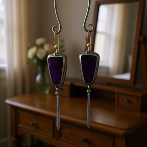 Tibetan <b>Silver</b> Amethyst Drop Earrings Vintage <b>Sword</b> Shape Bezel Setting Women's Fashion Jewelry Gold Plated Earrings - Product Image 2